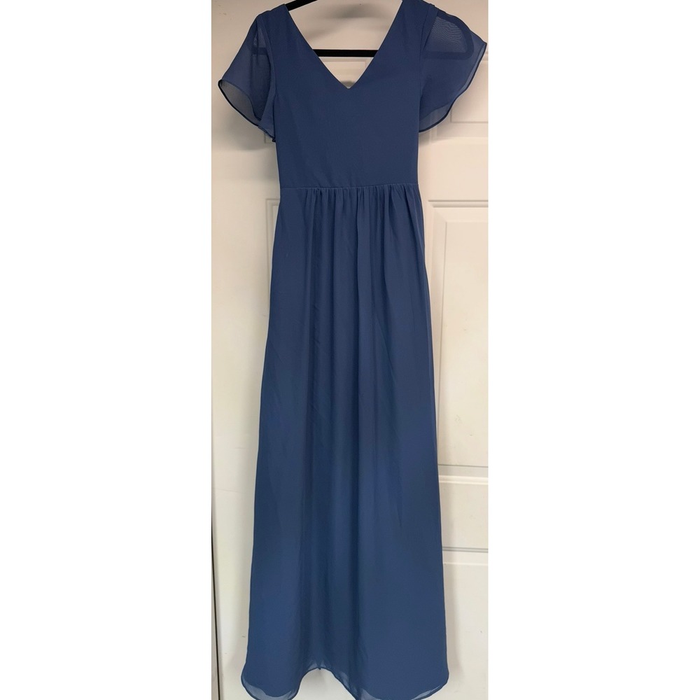 Revelry Rosalie Chiffon Maxi Dress French Blue Wrap Flutter Sleeve Size 2 0575